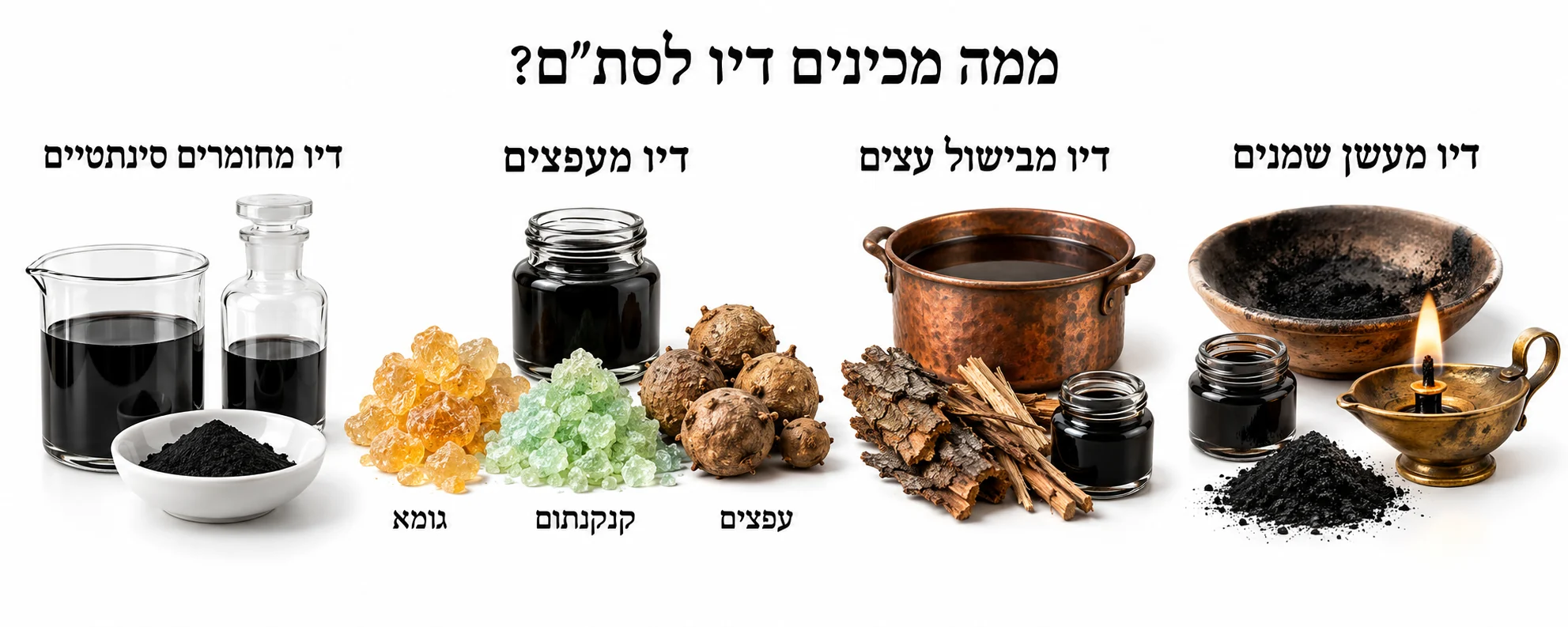 ארבע דרכים להכנת דיו לסת״ם: עשן שמנים, בישול עצים, עפצים וחומרים סינתטיים